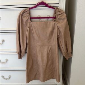 Elegant Faux Leather Tan Puff Sleeve Dress